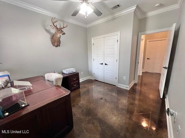 home office with ornamental molding and ceiling fan