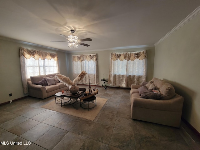 166 Lee Ave, Vidalia, LA 71373 - living area with ornamental molding, a ceiling fan, tile patterned floors, and baseboards