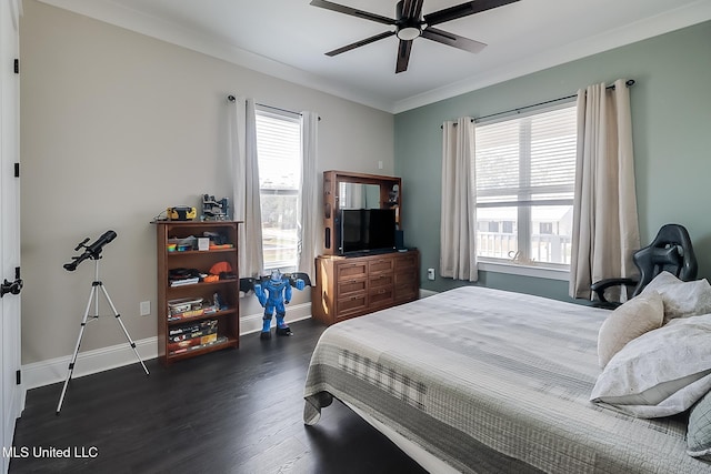 bedroom with multiple windows, crown molding, ceiling fan, and dark hardwood / wood-style flooring