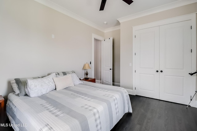 bedroom with crown molding, ceiling fan, dark hardwood / wood-style flooring, and a closet