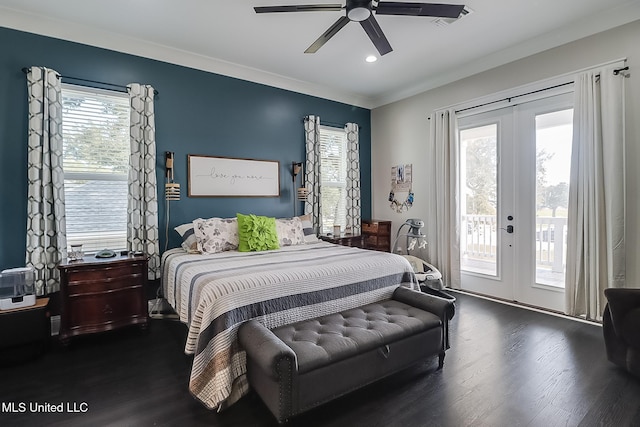 bedroom with french doors, dark wood-type flooring, multiple windows, and access to outside