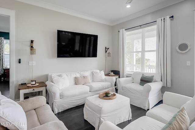 living room featuring ornamental molding and dark hardwood / wood-style flooring