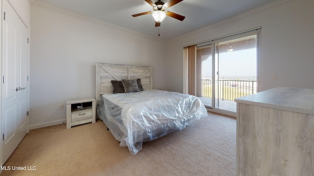 bedroom featuring ceiling fan, crown molding, access to outside, and light colored carpet