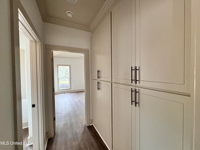 corridor featuring crown molding and dark wood-type flooring