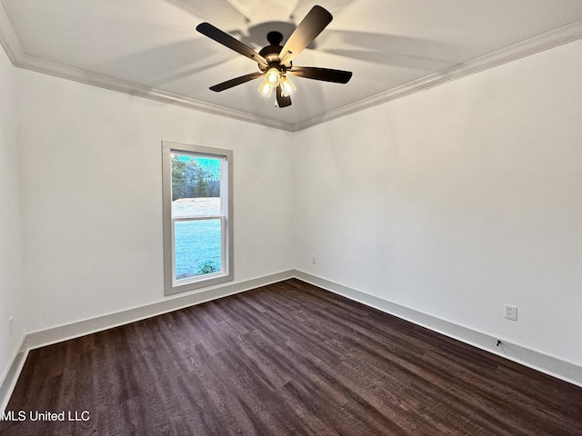 unfurnished room with dark wood-type flooring, ceiling fan, and ornamental molding