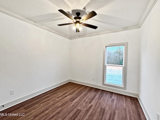 unfurnished room featuring ornamental molding, ceiling fan, and dark hardwood / wood-style flooring