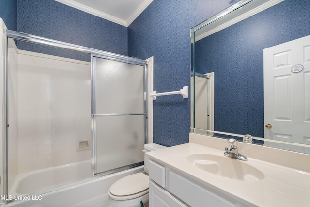 8136 Saddlebrook Cv, Olive Branch, MS 38654 - bathroom with vanity, ornamental molding, enclosed tub / shower combo, and wallpapered walls