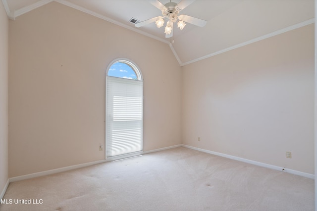 8136 Saddlebrook Cv, Olive Branch, MS 38654 - empty room with lofted ceiling, light colored carpet, ornamental molding, and a ceiling fan