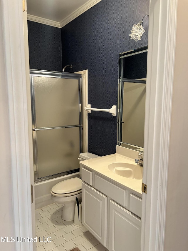 8136 Saddlebrook Cv, Olive Branch, MS 38654 - bathroom with tile patterned flooring, crown molding, shower / bath combination with glass door, vanity, and wallpapered walls