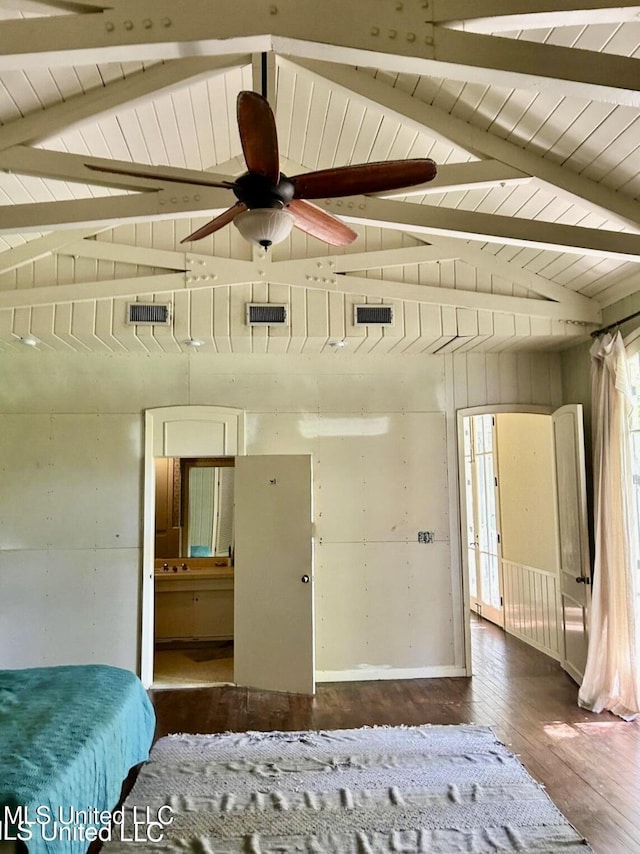 living room featuring wood ceiling, vaulted ceiling with beams, and hardwood / wood-style floors