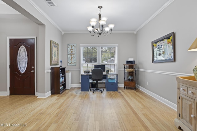 office with visible vents, crown molding, light wood-style flooring, and baseboards