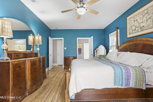 bedroom featuring ceiling fan, light wood-type flooring, visible vents, and baseboards