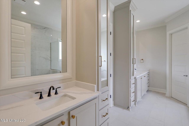 104 Brents Xing, Clinton, MS 39056 - bathroom with ornamental molding, two vanities, and recessed lighting