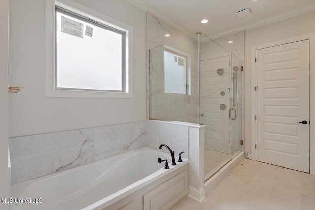 104 Brents Xing, Clinton, MS 39056 - full bathroom featuring a bath, a stall shower, ornamental molding, and recessed lighting