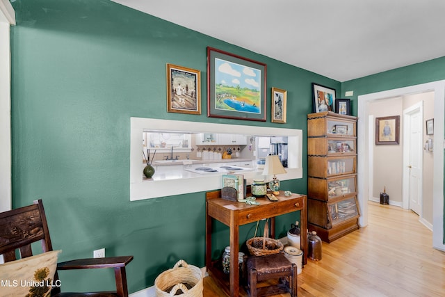 interior space featuring sink and light hardwood / wood-style flooring