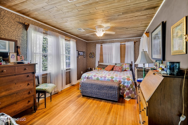 bedroom featuring wooden ceiling, light wood-type flooring, and ceiling fan