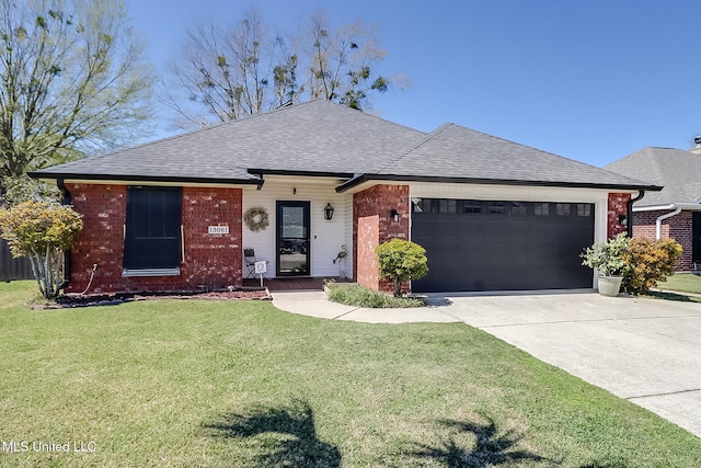 13061 Jordan Pl, Gulfport, MS 39503 - view of front facade featuring a garage, a shingled roof, brick siding, concrete driveway, and a front lawn