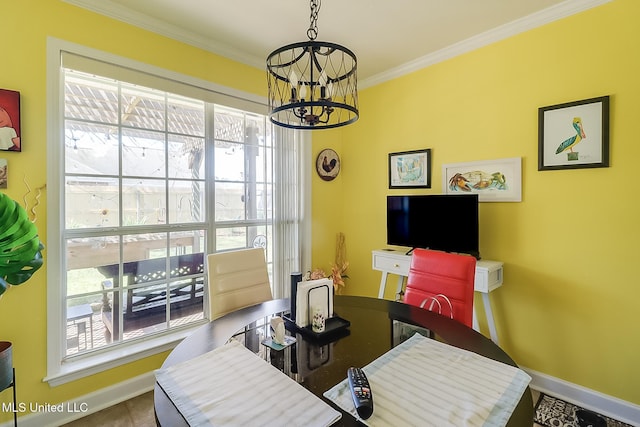13061 Jordan Pl, Gulfport, MS 39503 - dining space with ornamental molding, a chandelier, plenty of natural light, and baseboards