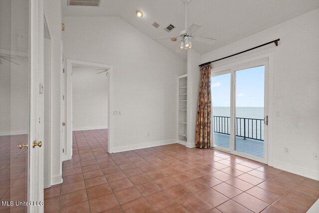 21 Breakers Ln, Ridgeland, MS 39157 - tiled empty room featuring a water view, ceiling fan, high vaulted ceiling, and baseboards