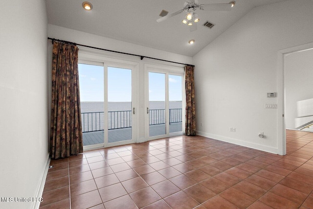 21 Breakers Ln, Ridgeland, MS 39157 - tiled empty room featuring lofted ceiling, a ceiling fan, baseboards, recessed lighting, and a water view