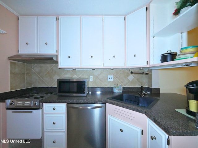 kitchen with decorative backsplash, white cabinetry, sink, and stainless steel appliances