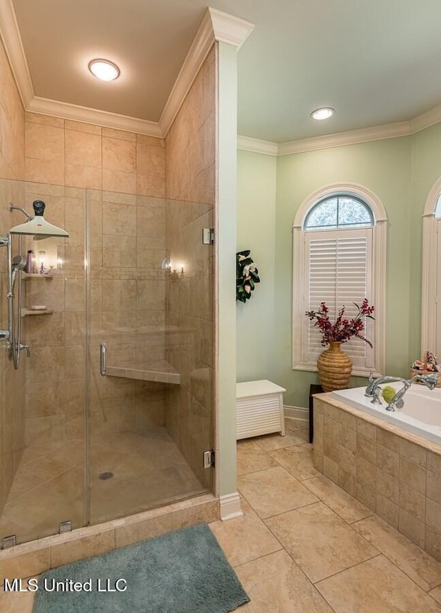 bathroom with separate shower and tub, crown molding, and tile patterned flooring