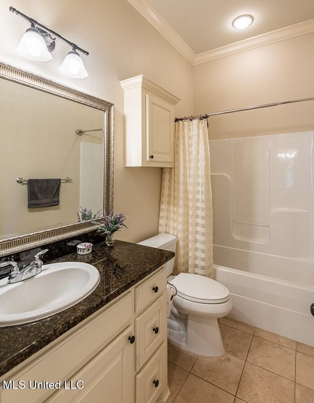 full bathroom with shower / bath combination with curtain, ornamental molding, vanity, tile patterned flooring, and toilet