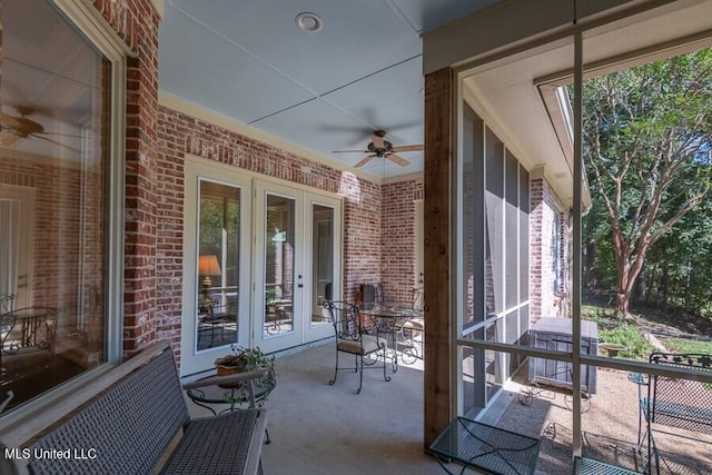 view of patio / terrace featuring ceiling fan, area for grilling, and french doors