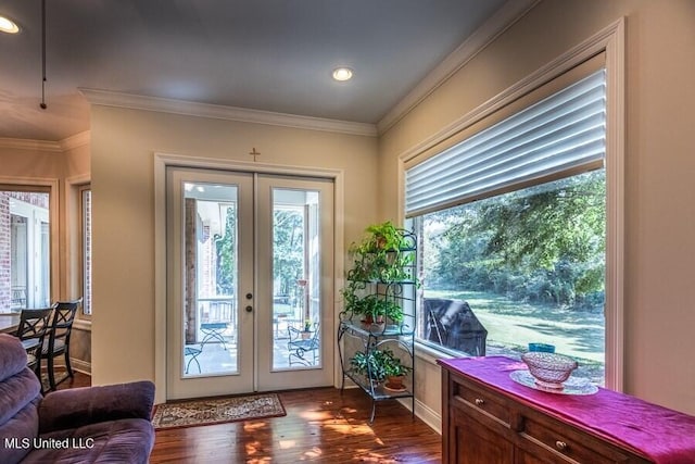 doorway to outside with french doors, dark hardwood / wood-style flooring, and ornamental molding