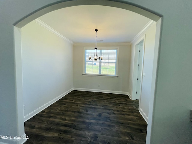 188 E Byhalia Creek Farms Rd, Byhalia, MS 38611 - unfurnished dining area with arched walkways, ornamental molding, a chandelier, dark wood-style floors, and baseboards