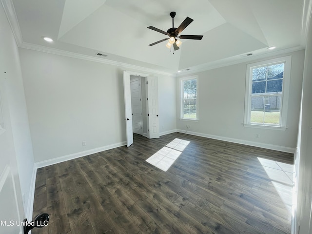 188 E Byhalia Creek Farms Rd, Byhalia, MS 38611 - unfurnished room featuring a tray ceiling, ornamental molding, ceiling fan, dark wood-style flooring, and baseboards