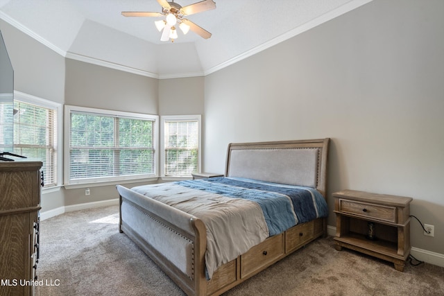 12857 Arbor Dr, Olive Branch, MS 38654 - bedroom with carpet flooring, ornamental molding, high vaulted ceiling, and a ceiling fan