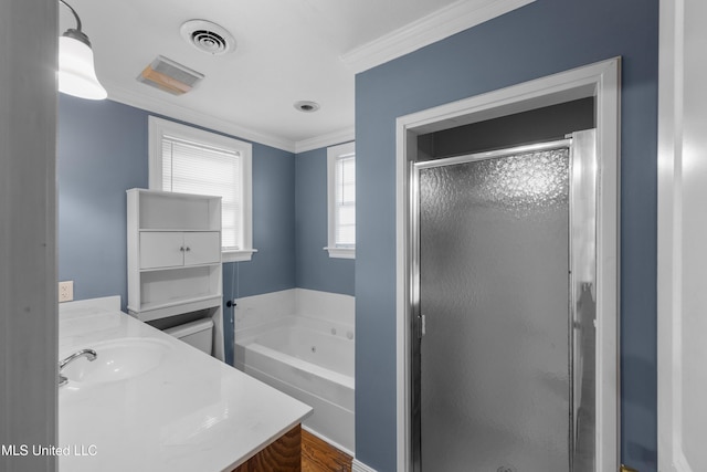 bathroom featuring visible vents, ornamental molding, vanity, a bath, and a shower stall
