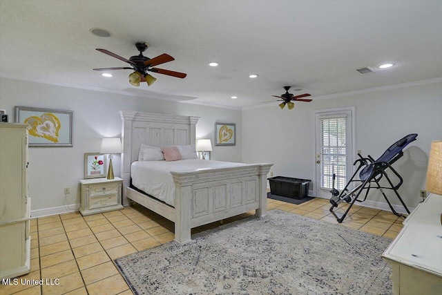 bedroom with crown molding, light tile patterned floors, and ceiling fan