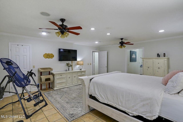 bedroom featuring ceiling fan, crown molding, and light tile patterned floors