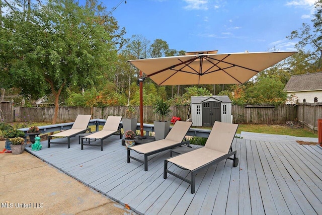 deck featuring a storage shed