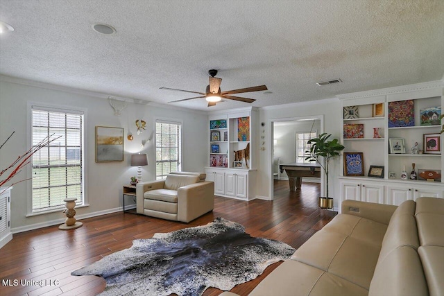 living room with dark hardwood / wood-style floors, a textured ceiling, billiards, and ceiling fan