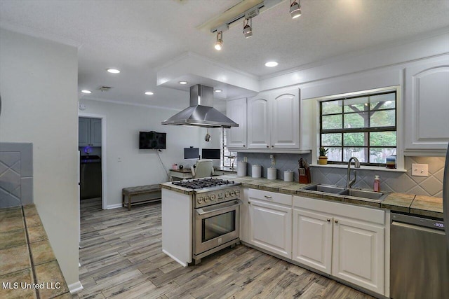 kitchen featuring wall chimney range hood, white cabinetry, sink, and stainless steel appliances