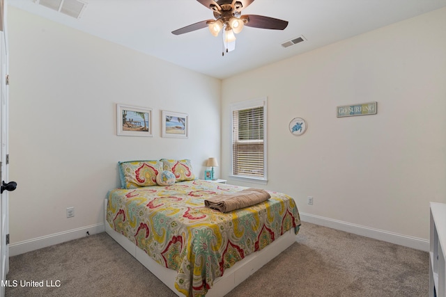 carpeted bedroom featuring ceiling fan