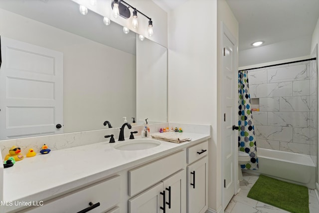 full bathroom with toilet, vanity, and shower / tub combo