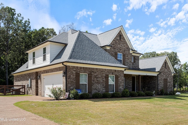 view of front of house featuring a garage and a front lawn