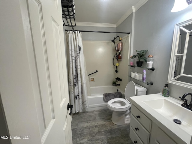 6530 Koula Dr, Diamondhead, MS 39525 - bathroom featuring shower / tub combo with curtain, vanity, and crown molding