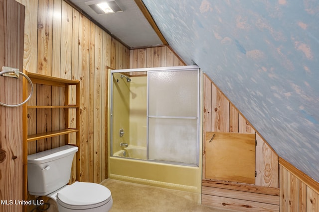 48 Brady Rd, Petal, MS 39465 - full bath featuring wooden walls, vaulted ceiling, and enclosed tub / shower combo