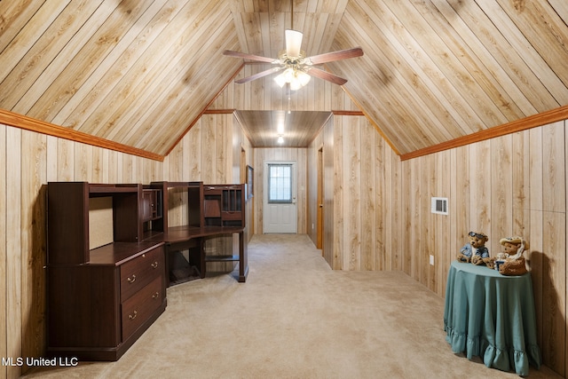 48 Brady Rd, Petal, MS 39465 - office with lofted ceiling, light colored carpet, ceiling fan, and wooden walls