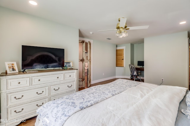 bedroom featuring baseboards, recessed lighting, an office area, and ceiling fan