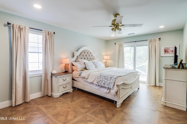 bedroom featuring recessed lighting, baseboards, and ceiling fan