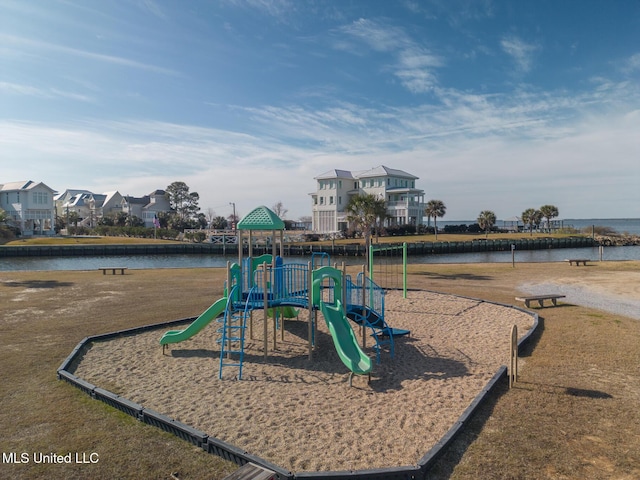 community play area with a water view