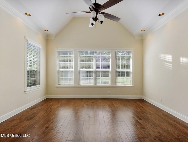 unfurnished room featuring dark wood-type flooring, ceiling fan, and vaulted ceiling