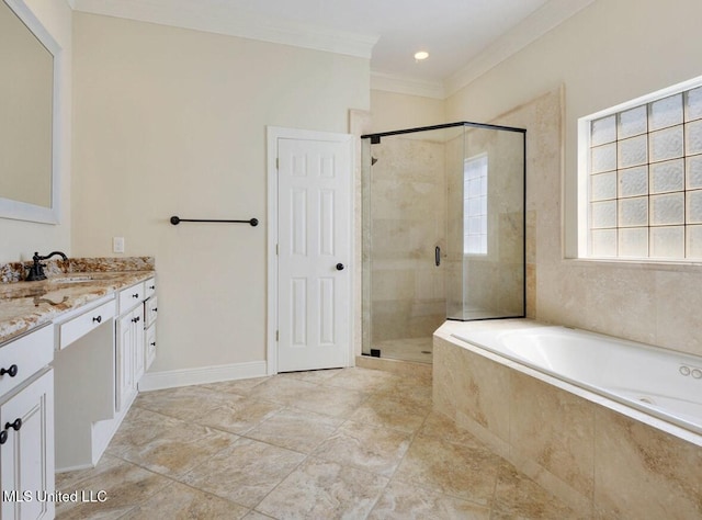 bathroom with independent shower and bath, crown molding, and vanity