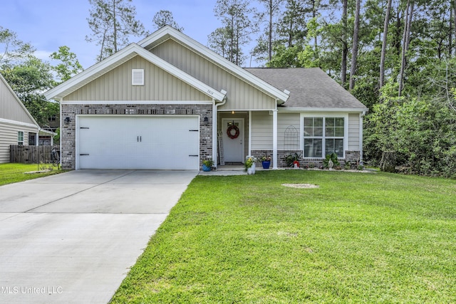 view of front facade with driveway, an attached garage, stone siding, board and batten siding, and a shingled roof